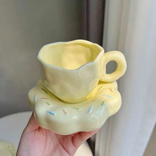 Taza de café de cerámica con forma de rosquilla de color blanco lechoso con platillo, tazas de pareja de alta calidad, adecuadas para el hogar, restaurante, cafetería - multiusos, que retiene el calor, ideal para fiestas y regalos