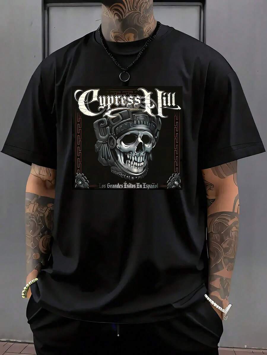 Camiseta gráfica de verano para hombres - Camiseta casual de manga corta con estampado de calavera y diseño "Cypress Hill", camiseta negra de cuello redondo, a la moda y versátil