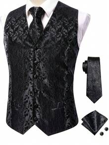 Plus Size 5XL-L Mens Waistcoat Black Paisley Vest & Silver Tie Pin & Tie Hankie Cufflinks Set Wedding Formal Casual Tuxedo Gilet - 黑色 - 查看 2