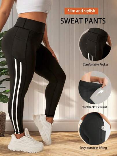 Pantalones deportivos casuales de yoga con control de abdomen para mujer de talla grande, con decoración de raya blanca lateral, bolsillos laterales, mallas para entrenamiento, running y ejercicio
