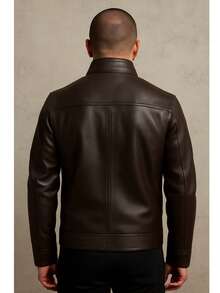 Men's Slim Lined Leather Jacket Without Hood - 鏽棕色 - 查看 4