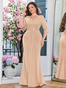 Vestido formal elegante com lantejoulas contrastantes, renda floral, franzido e drapeado na frente, para festa noturna, vestido de outono, vestido de baile para convidada de casamento, para formatura, jantar, festivais