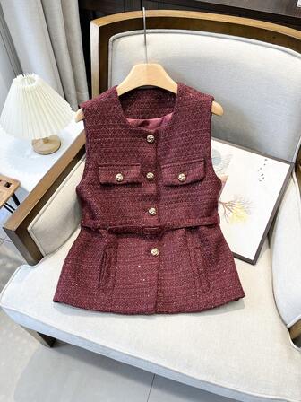 GMFP Elegant Top For Party Women's Autumn Casual Fashion Metal Button Round Neck Fitted Belted Sequin Tweed Burgundy Waistcoat Jacket