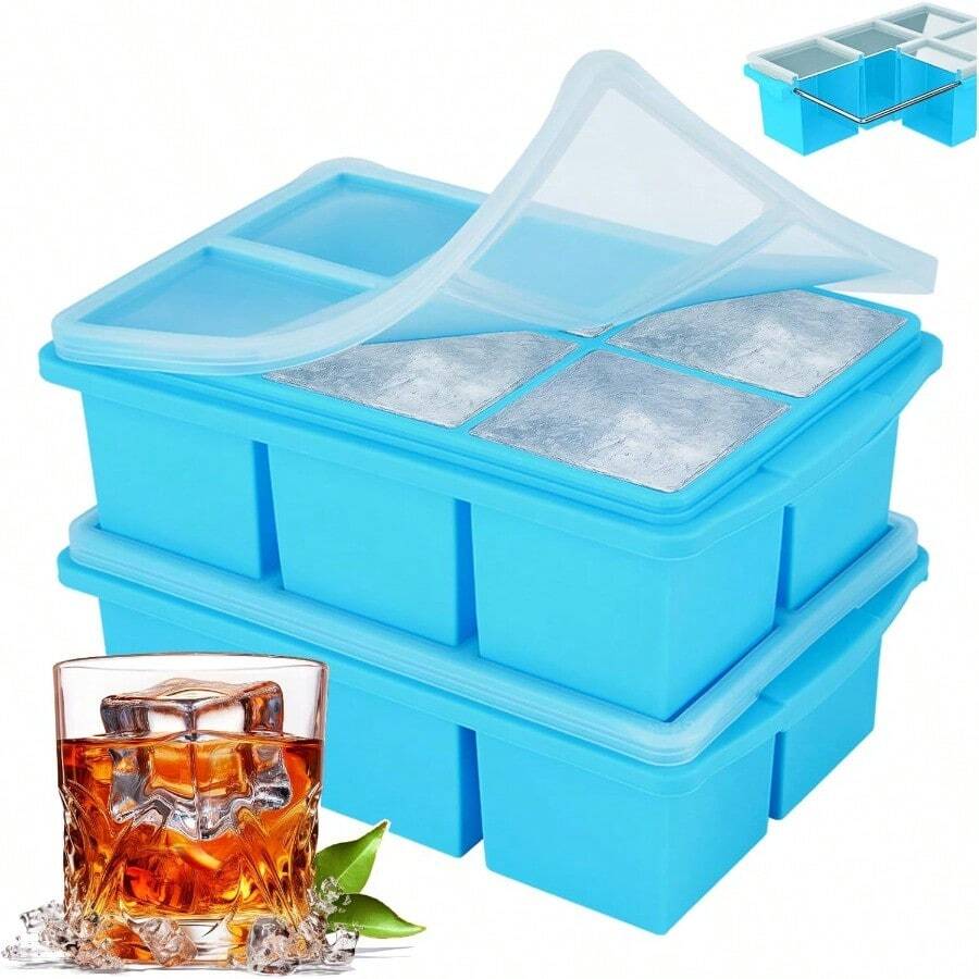 SDGSDFGSDF Ice Cube Trays For Whiskey, Silicone Ice Cube Tray, With Reinforced Steel Ring Top, Makes 12 Perfect 2-In Ice Cubes, Square Ice Tray For Cocktails, Whiskey, Coffee. (2 Pack) - Màu xanh biển - Xem 1