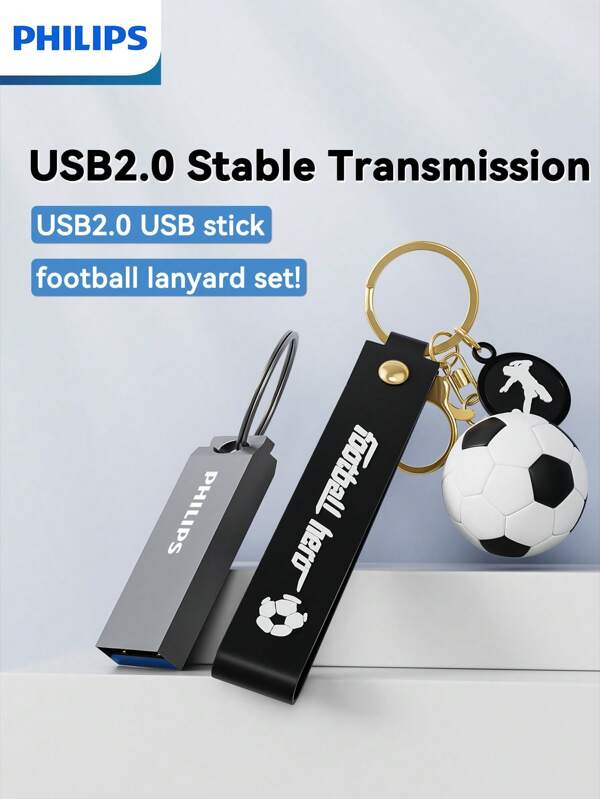 PHILIPS Unidad flash USB 2.0 de PHILIPS, plug and play, con cordón de fútbol, hermosa y portátil, evita la pérdida de la unidad flash USB, la primera opción de los entusiastas de los colgantes de fútbol, adecuada para una variedad de dispositivos que admiten unidades flash USB 2.0