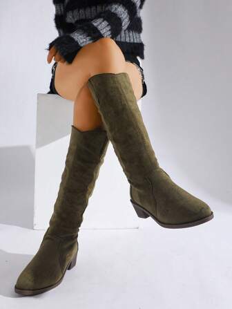 Stivali donna al polpaccio, colore unito, suola morbida tacco spesso, design plissettato sul collo dello stivale, chiusura slip-on, adatti per viaggi e occasioni formali, autunno/inverno, stile casual