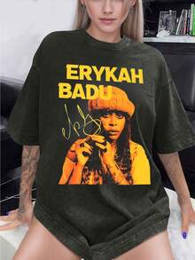 EWH 100% Pure Cotton, Make Old,Retro , Erykah Badu Character Print Vintage Casual Crewneck Top Women's Distressed Cotton T-Shirt,DG004, 230g Round-Neck T-Shirt, Wash Water, Unisex - 黑色 - 查看 4