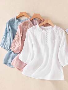 Women's Casual Shirt Embroidered Loose Boho Vintage Mid-Sleeve Blouse Solid Color Summer/Autumn