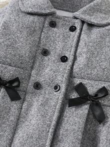 女婴休闲翻领双排扣蝴蝶结装饰外套，保暖冬季外套