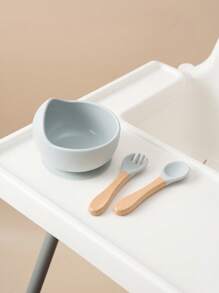 3件套个性化定制名字和图案婴儿硅胶吸盘碗木柄叉勺定制餐具套装适用于婴幼儿餐具