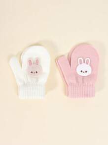 2双幼儿秋冬高弹力针织保暖手套，婴儿童可爱刺绣连指手套，宝宝防抓/咬手套，适合日常休闲穿着和冬季保暖单层手套 - 2雙 - 查看 10