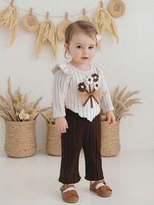Toddler Girl Fall Outfits Crochet Flower Long Sleeve Round Neck Pullover + Elastic Waist Ribbed Flare Pants 2 Pcs Set