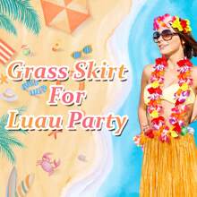A Set Hula Outfits Hawaiian, Hawaiian Flower Skirts For Women Dress Outfits Tropical Grass Skirts Fortuning'S Costume For Beach Party Favors Halloween Cosplay,Grass Skirt Flower Accessories In Yellow, Green, And Rose Red.