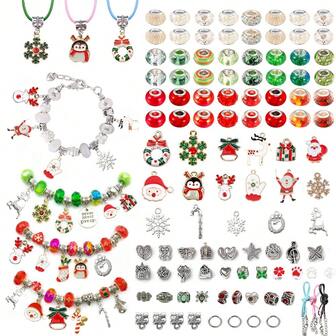 [Christmas Themed Jewelry Making Kit] - European Style Large Hole Beads And Snowman/Deer Pendant Combo, Decorative Beads, Fashionable Accessories For Women, For DIY Bracelets, Necklaces, Earrings, Anklets, Keychains, Backpack Chains, Back-To-School, Christmas Party, Vacation, Gathering, Birthday Gifts, Decorative Accessories