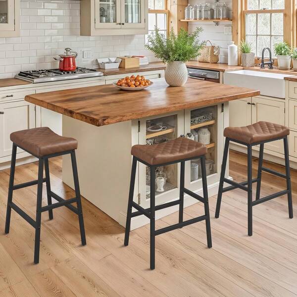 Counter Height Bar Stools Set Of 3, Barstools With Thick PU Leather Saddle Seat & Black Metal Legs,24Inch Kitchen Counter Stools,Brown