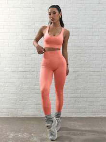 女款 2 件組運動套裝，柔軟霧面高彈力莫代爾 U 領細肩帶短版背心，折疊高腰瑜珈褲，休閒日常健身運動服 - 泡泡糖粉 - 查看 5