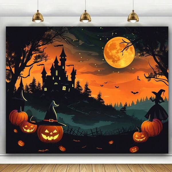 Fondo de fotografía con tema de Halloween en 2D, castillo, calabaza y murciélagos bajo la luz de la luna, accesorios de estudio de fotografía, decoración de fiesta de Halloween, decoraciones de Halloween
