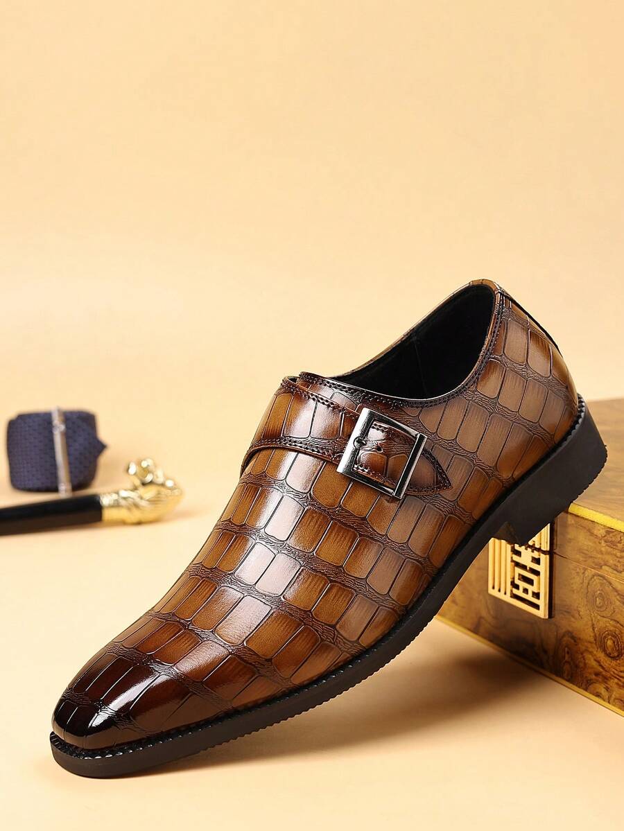Men's Alligator Pattern Buckle Pointed Toe Monk Shoes, Vintage Style Business Semi-Formal Party Dress Shoes, Suitable For Summer And Autumn