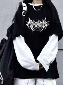 女士复古朋克摇滚闪电印花拼布长袖休闲二合一运动衫 - 黑與白 - 查看 1