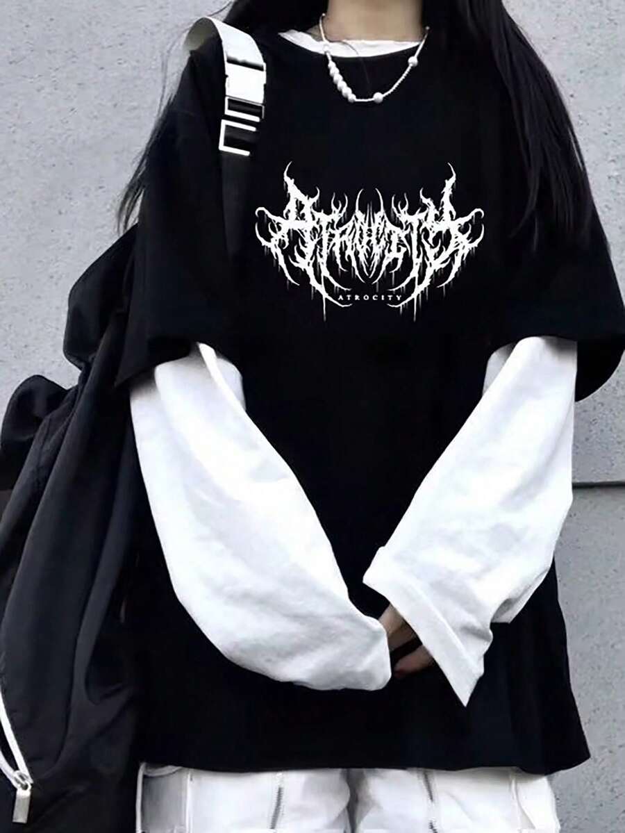 女士复古朋克摇滚闪电印花拼布长袖休闲二合一运动衫 - 黑與白 - 查看 1