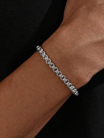 1pc Stainless Steel Carved Diamond Pattern Bracelet, Stylish Street Fashion Accessory For Men, Music Festival