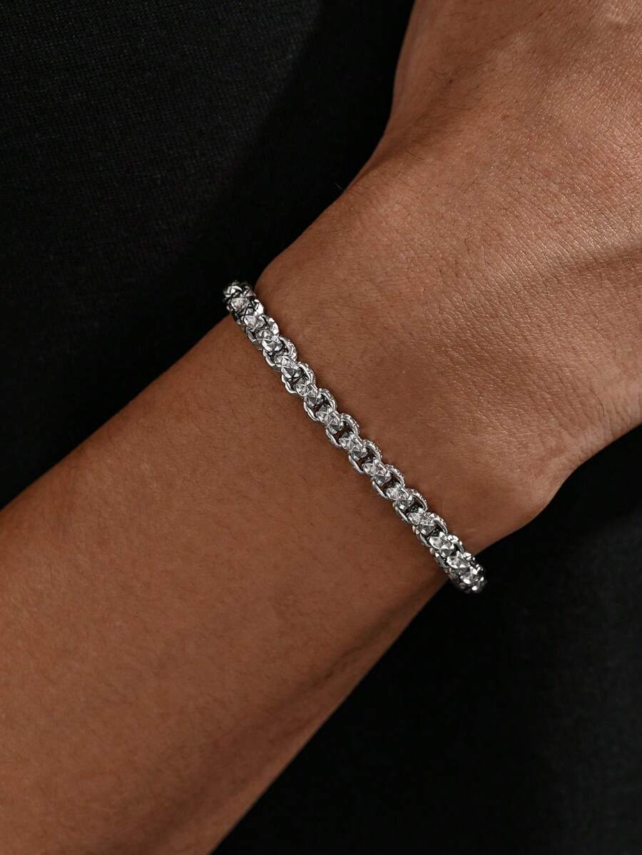 1pc Stainless Steel Carved Diamond Pattern Bracelet, Stylish Street Fashion Accessory For Men, Music Festival
