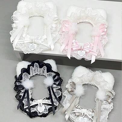 1 件全新可爱照片卡夹，即影即有照片展示相册装饰，名人卡片收藏家，DIY 白兔耳朵蕾丝蝴蝶结毛绒透明背包装饰填充物，Kpop