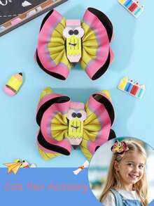 2 件装女童开学蝴蝶结发夹，铅笔装饰黄色聚酯纤维头饰，适合青少年新学期发饰发饰 - 彩色 - 查看 1