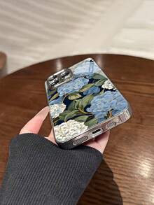 1pc Fashionable Hydrangea Pattern Tempered Glass Material With Built-In Lens Film Electroplated Anti-Fall Scratch-Resistant Anti-Fingerprint TPU Full Edge Soft Phone Case Compatible With Apple Models - Multicolor - View 5