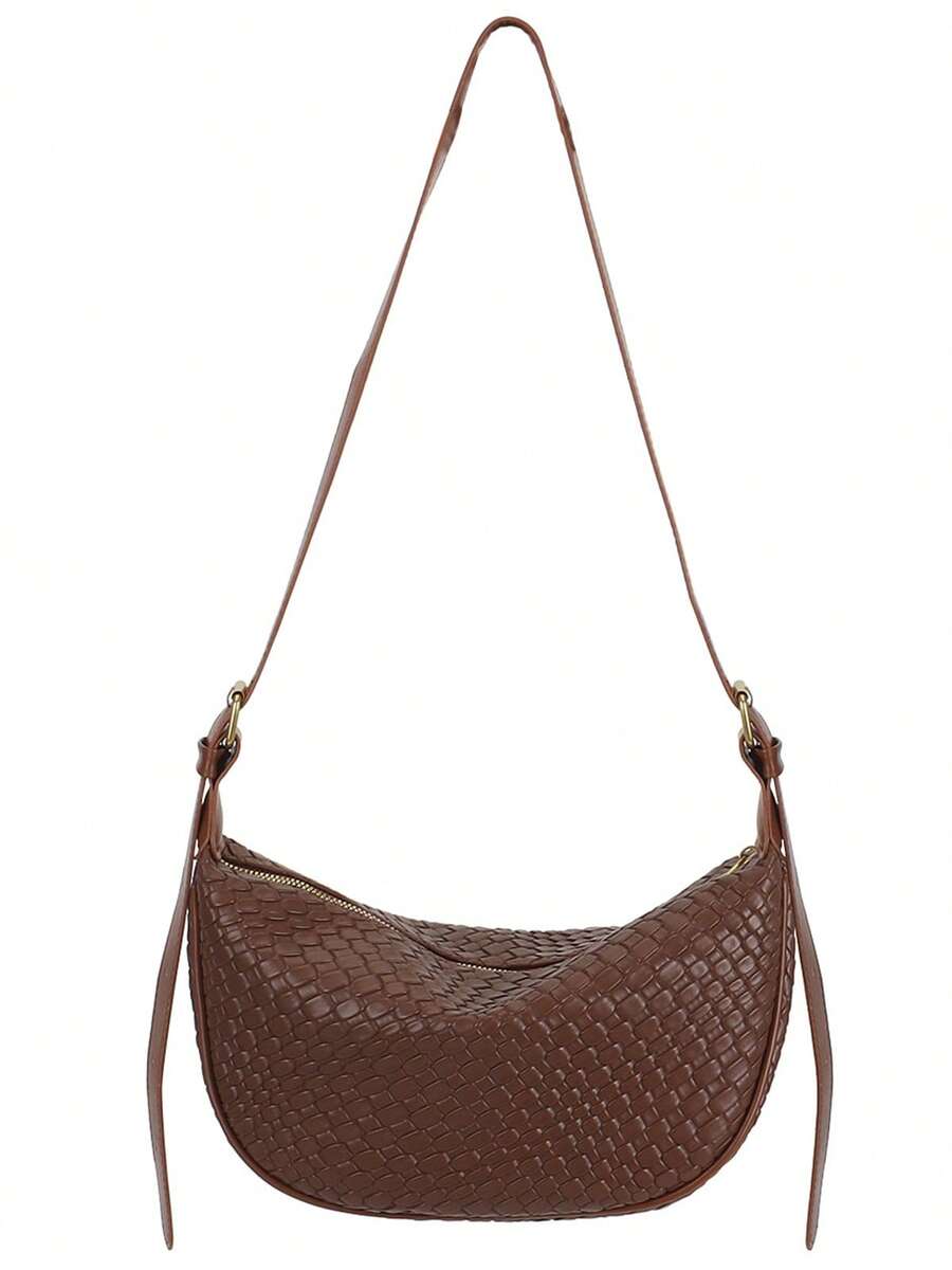 Women's Woven Crossbody Bag PU Leather Crescent Hobo Purse With Adjustable Strap Lightweight Shoulder Bag - 棕色 - 查看 1