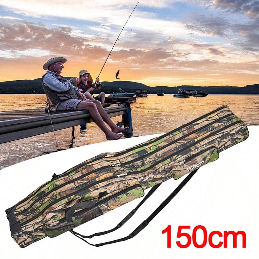 3 Layer 150cm Folding Fishing Rod Holdall Bag Carry Case For Rods & Reels - Camouflage - View 1