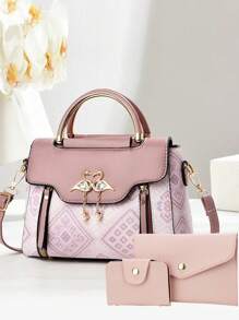 Set Of Fashion Women Letter Patchwork Shoulder Bag & Handbag - Pink - View 7