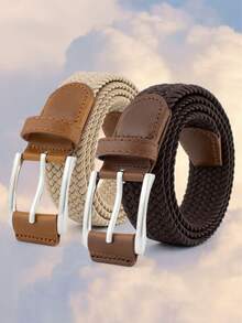 2 件复古休闲编织腰带，1.3/0.8 英寸，柔软透气户外时尚百搭腰带，配锌合金扣，弹性织带无孔设计可调节，男女通用