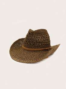 قبعة قش بوهيمية عادية ذات لون واحد مفرغة، قبعة كاوبوي غربية، تصميم بسيط وعملي، مقاومة للرياح بنظام ربط، مناسبة للجنسين وجميع المواسم