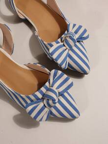 Blue & White Pointed Toe Flat Shoes With Bowknot Design, Hollow-Out Loafers, Elegant Casual Slip-On Flats For Women, Fall, Spring/Autumn