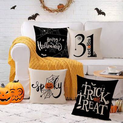 4pcs Halloween Pillow Covers, Happy Halloween Slogan & Spider Web Design, Cartoon Peach Velvet Single-Sided Printed Cushion Covers With Zipper Closure, No Pillow Insert Included, Halloween Home Decor, Suitable For Home, Living Room, Sofa, Bed, 18 X 18 Inches