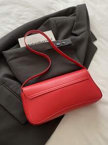 Fashionable, Minimalist, Casual PU Flap Underarm Bag. Suitable For Shopping, Wallet, Student, Young Women, Career Women. Ideal For Office, University, Work, Business, Commuting, Outdoor Activities, Travel And Picnic. Vintage Faux Oilskin Flap Decor Women's Shoulder Underarm Bag, Suitable For Dates, Outings, Gatherings - Red - View 9