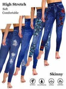 1条装玫瑰花图案女士高弹力紧身打底裤，蓝色仿牛仔破洞外观，柔软舒适，适合健身、跑步、户外、度假、约会、工作、派对、音乐节、秋冬季等场合，舒适保暖。 - 彩色 - 查看 2