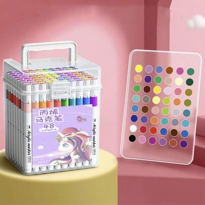 48pcs Colorful Acrylic Paint Brushes, Children's Drawing & Writing Markers, Pens, Art Brushes, Watercolor Pens, Graffiti Pen Set, Back To School Writing & Drawing Supplies Gift, Provide Rich Creative Expression For Kids, Colorful Acrylic Markers Set, Washable, Opaque, Stackable, Waterproof, Quick-Drying, Hand-Painted DIY Watercolor Pens, Drawing Brushes, Children's Writing
