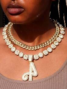 2Pcs Cuban Link Chain For Women Cursive Silver Initial Necklace Cuban Link Necklace For Women Hip Hop Iced Out Chain Necklace Bling Diamond 14mm Cuban Chain Letter Name Hip Hop Jewelry Gift - 套裝項鍊 - 查看 2