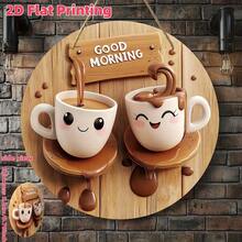 2D Flat, One Piece Round Wooden Wall Hanging Sign, 2D Flat Printing, 8x8inch, Morning Tea Theme, Suitable For Various Handmade Effects, Suitable For Bar, Kitchen, Coffee Shop, Home Living Room, Office Decoration, Home Decoration, Holiday Gifts, 2D Flat - 8吋 - 查看 2