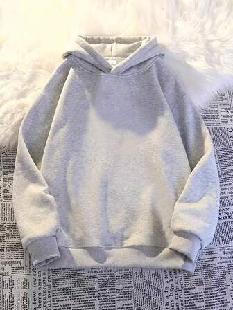 Youth Autumn/Winter Light Gray Solid Color Floral Fleece Hoodie Sweatshirt, Warm, Hooded, Suitable For Teen Boys