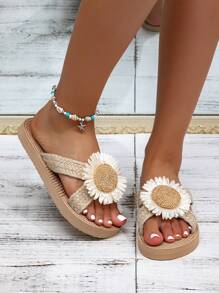 صنادل بحزام متقاطع بتصميم زهرة عباد الشمس، بطراز بوهيمي أنيق وشبابي، مريحة وقابلة للتنفس، سهلة الارتداء والخلع، مناسبة للفساتين والشاطئ والحفلات والمواعيد أو الارتداء اليومي، باللون الخاكي