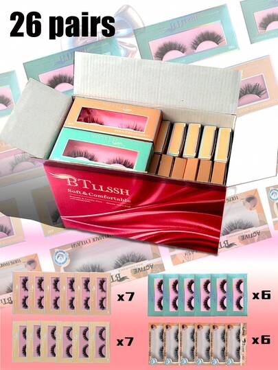 BTLLSSH 26 زوج من رموش صناعية مختلطة الأنماط، مغلفة بشكل فردي، ضرورية للحفلات، طبيعية وكثيفة لإطلالة خالية من المكياج، رموش شريطية، رموش صناعية