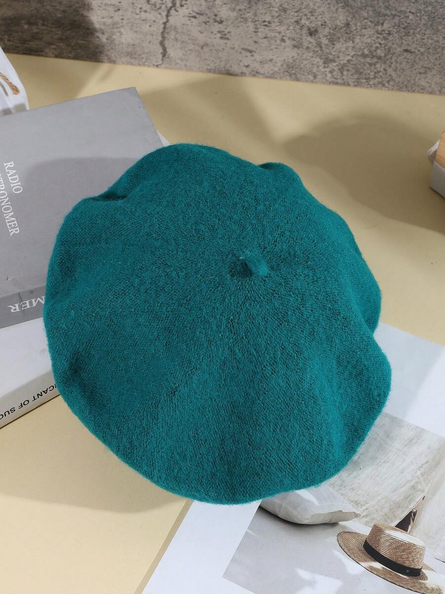 1 件女士纯色扁平羊毛毡贝雷帽,优雅日式风格,适合日常外出和购物秋季配饰 - 孔雀綠~ - 查看 1