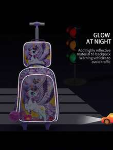 BLING BABIES 3pcs/Set Girls' Rolling Backpack, Cute Cartoon Moon & Unicorn Sequin Design, With Lunch Box & Pencil Case, Suitable For Travel & Commute - Purple - Purple - View 10