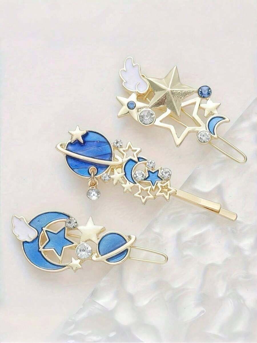 3pcs Cartoon Fantasy Starry Sky Hair Clips, Glittery Starry Wings Hair Clips Bangs Clip, Cute Girl Hair Accessories Claw Clips Hair Claws Hair Barrettes - 彩色 - 查看 1
