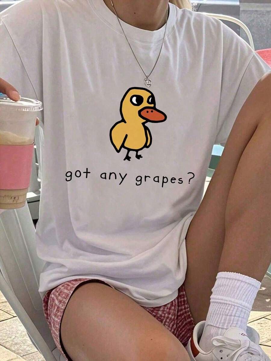 Girls' Playful Duck Graphic Tee - 'Got Any Grapes?' Print With Whimsical Animal Motif For Teens L SOFT COTTON BIRTHDAY TEE - CUTE & COMFY GIFT - White - View 1