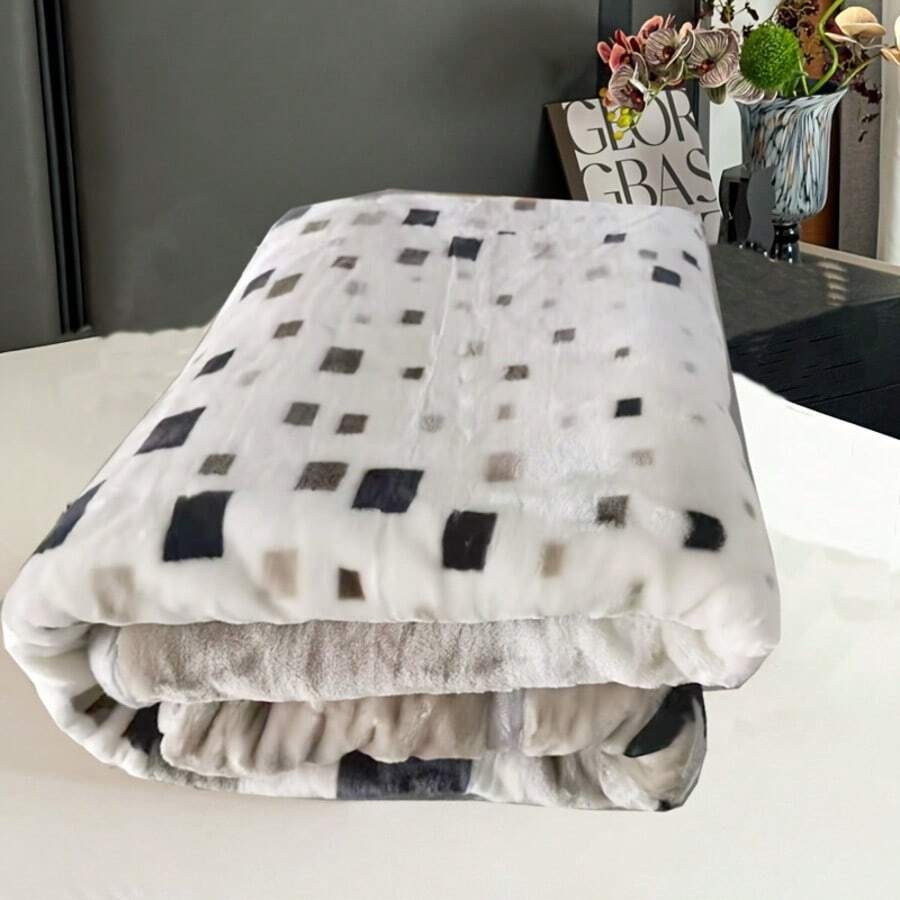 Cozy Reversible Plaid Thermal Blanket - Soft Knit Fabric, All-Season Use For Bedroom, Office, Or Camping, Machine Washable, Mixed Colors (Black, White, Brown), Office Nap Blanket | Cozy Bedroom Decor | Soundwave Technology Embossed Texture - Brown Gray - View 1