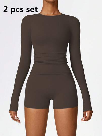 Women's Two-Piece Suit, Long-Sleeved Breathable Round Neck Sportswear, High-Waisted Sports Shorts, Comfortable Sportswear, Suitable For Running, Gym